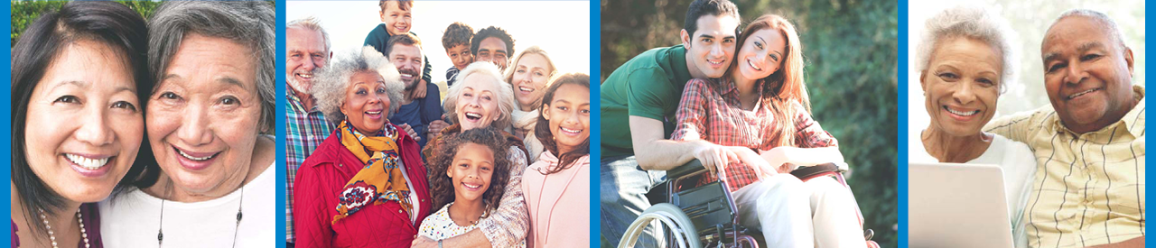 collage four photos of adults and children - adult with parent, multi-cultural multi-generational group of people, person next to person in wheel chair, older adult couple