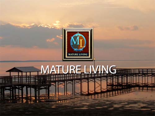screenshot video Mature Living logo, sunset over pier in water