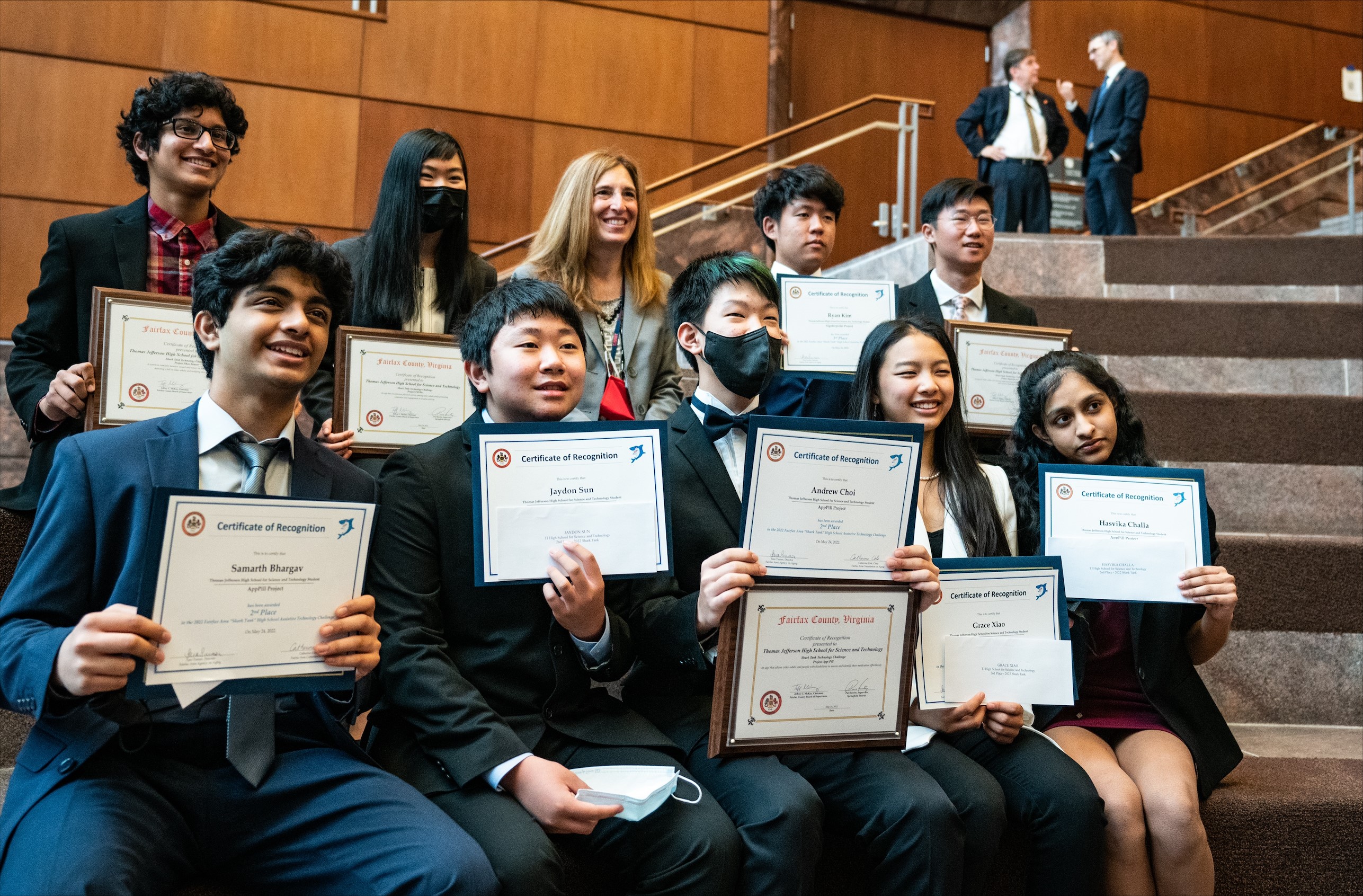 Photo of principal and student winners from Thomas Jefferson High School for Science and Technology