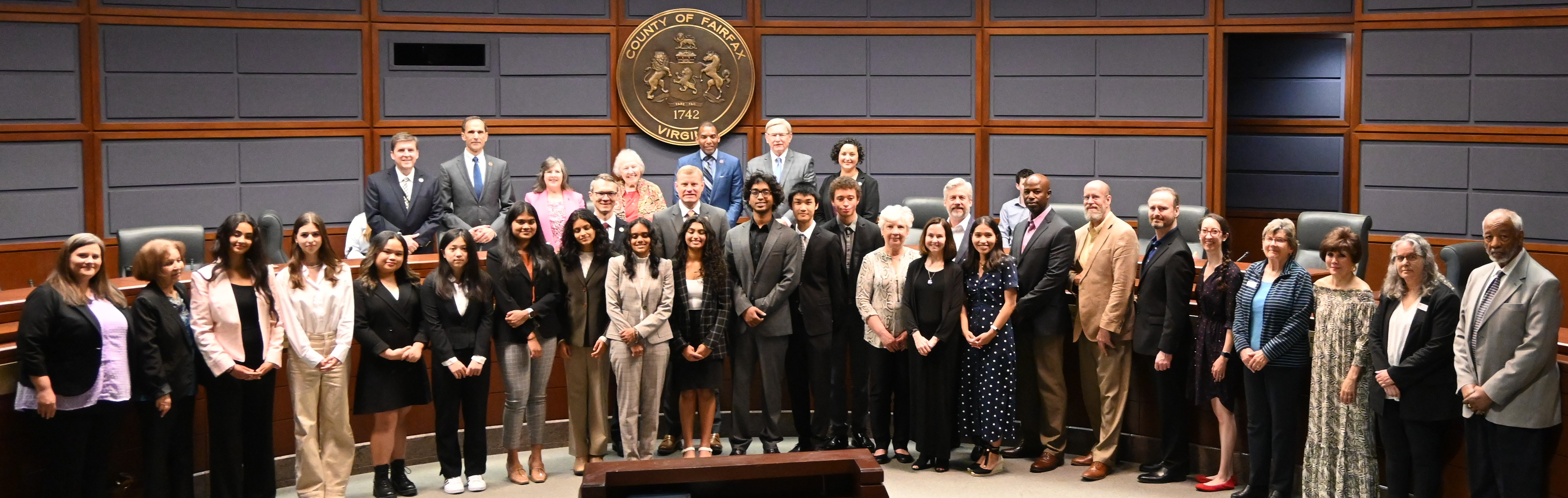 Fairfax County Board of Supervisors and members of the Fairfax Area Commission on Aging recognize winners of Fairfax Area Student "Shark Tank" Challenge 