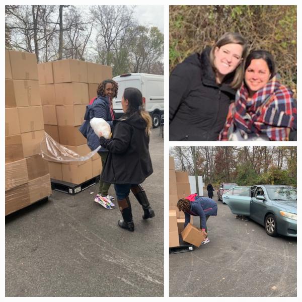 Women holding turkey; women smiling; woman lifting boxes