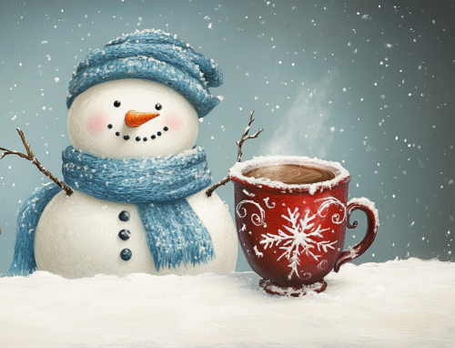 snowman with cup of hot chocolate 