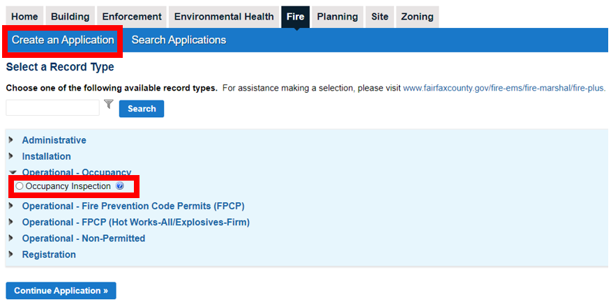 Occupancy Inspection Application location in ACA