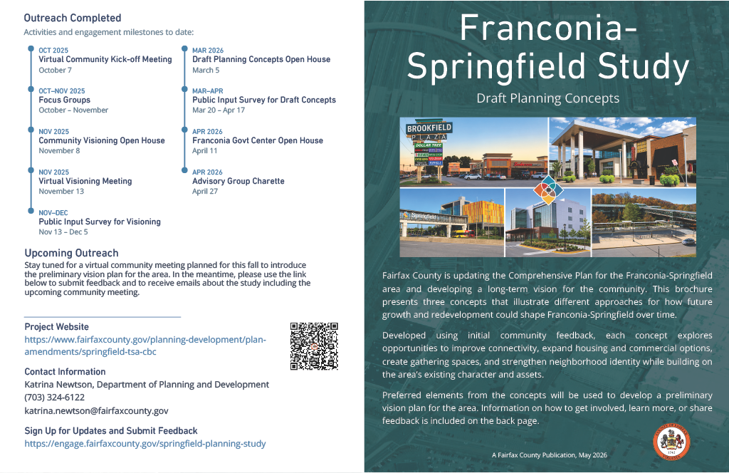 Brochure on Franconia-Springfield Study Draft Planning Concepts with timeline and community outreach information.