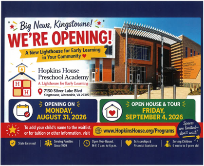 Flyer announcing Hopkins House Preschool Academy opening Aug 31, 2026, with open house tour Sept 4, 2026.