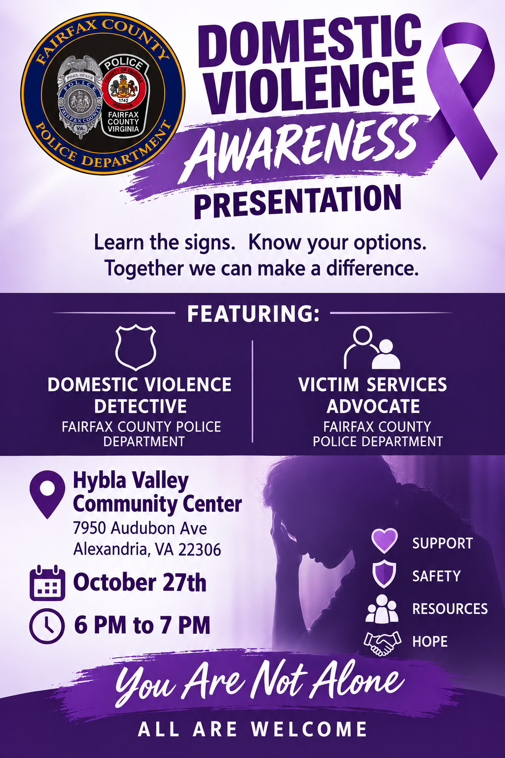 Flyer for domestic violence awareness presentation on October 27 at 6 p.m.