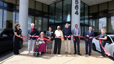 Ribbon cutters left to right: Mr. William Finerfrock; Mrs. Leann Alberts, Dr. Natalia Giscombe Simons, Dr. Gloria Addo-Ayensu; Chairman Jeffrey McKay; Supervisor Rodney Lusk, and Dr. Parham Jaberi
