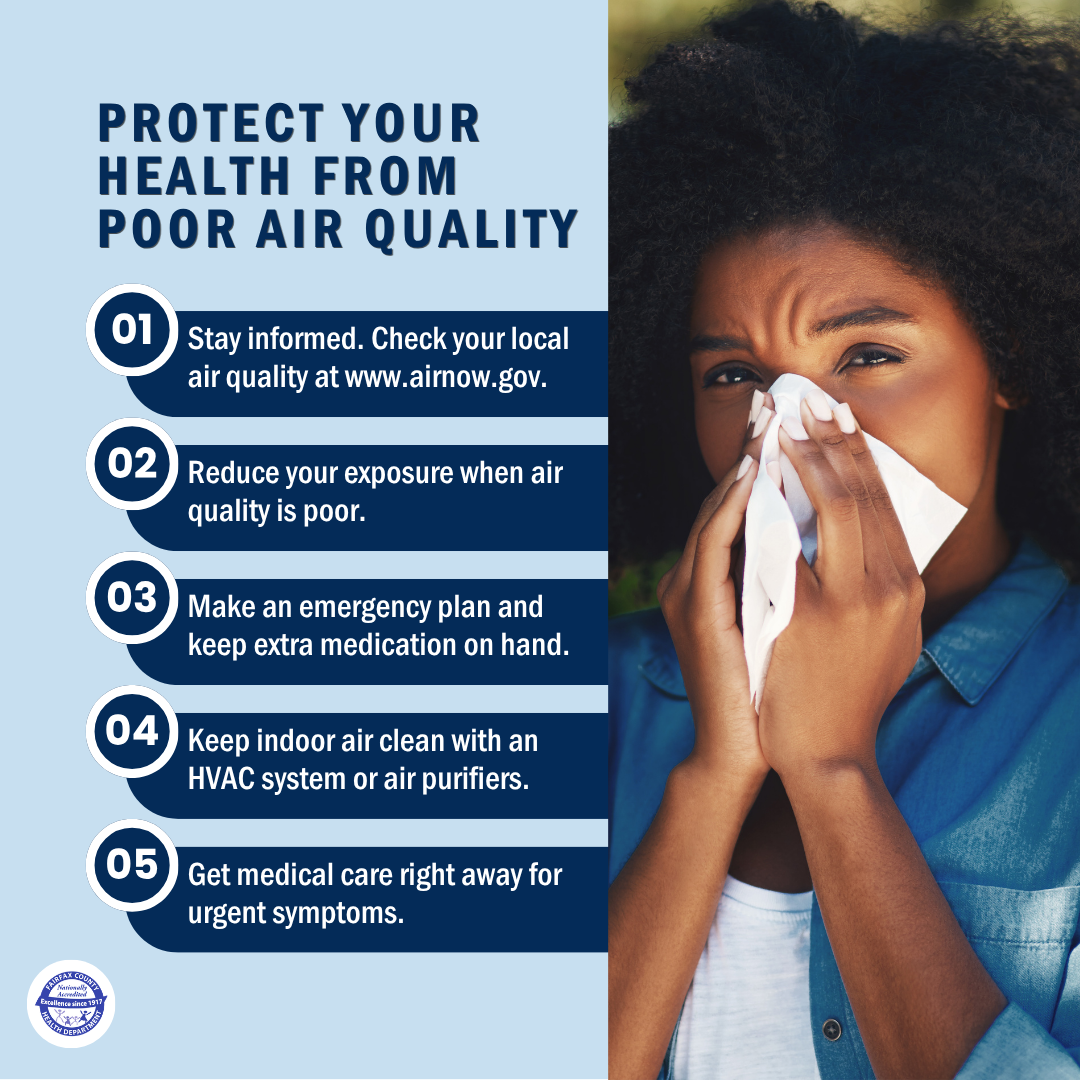 Infographic with light blue background and a list of five tips from the article on how to protect yourself from poor air quality. An image of a woman blowing her nose with a tissue appears to the righthand side. 