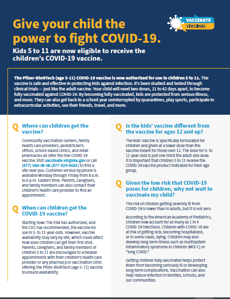 VDH Fact Sheet on Vaccine for 5-11