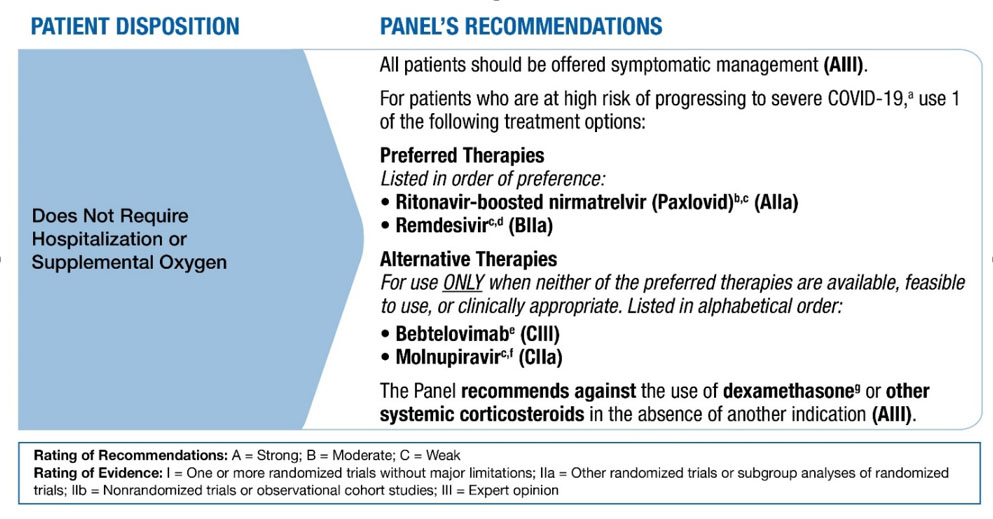 List of panel recommendations based on patient disposition. 