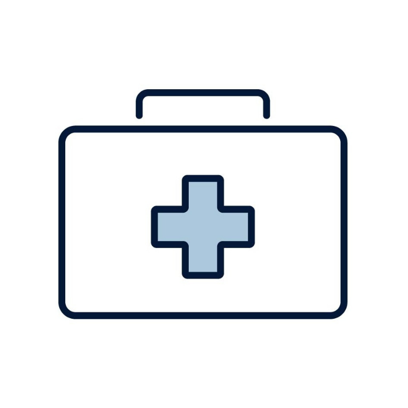 line artwork of a medica case with a blue cross imposed on the cover