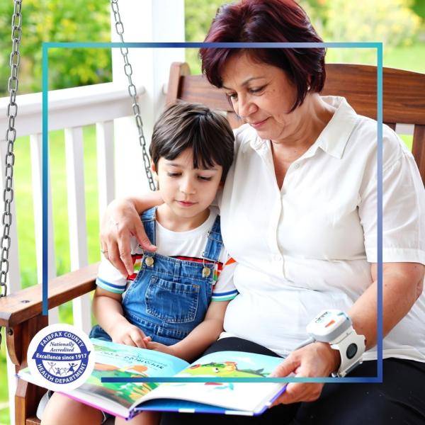 photo of a child and grandmother on a porch swing, grandma wears a wristband style heart monitor