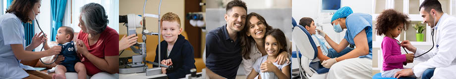strip of five photos showing a child receiving medical or dental care