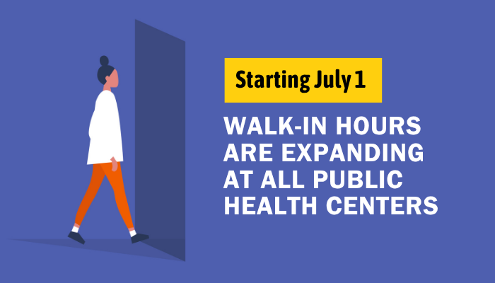 Cartoon woman walking through a door with a purple background. Text reads that Starting July 1, walk-in hours are expanding at all Fairfax County Health Department Public Health Centers.