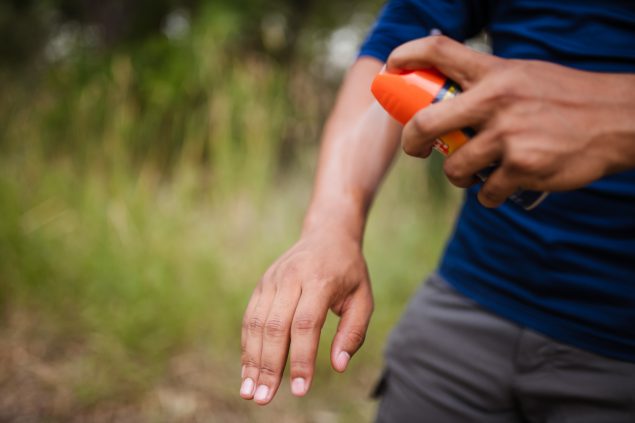 Person applying bug spray to their arm