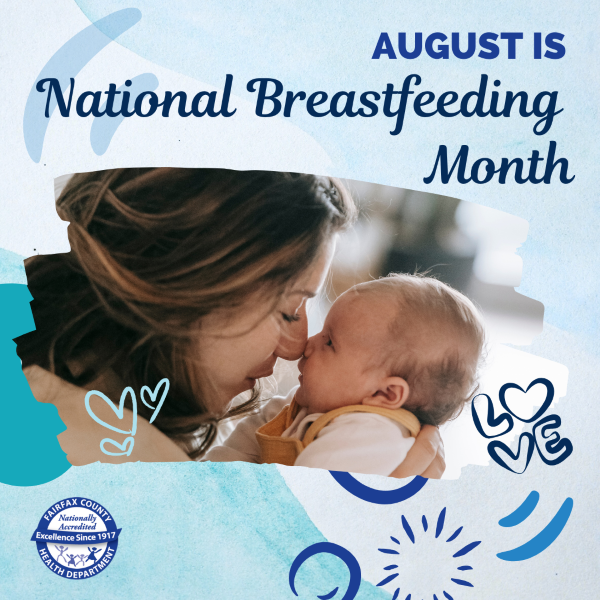 Graphic image for Breastfeeding month, featuring a mother holding her infant child, their faces touching nose to nose