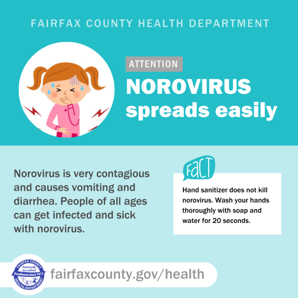 NOROVIRUS spreads easily.Norovirus is very contagious and causes vomiting and diarrhea. People of all ages can get infected and sick with norovirus. Hand sanitizer does not kill norovirus. Wash your hands thoroughly with soap and water for 20 seconds.