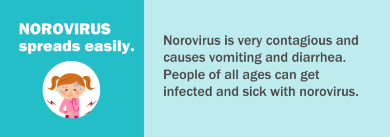 NOROVIRUS spreads easily.Norovirus is very contagious and causes vomiting and diarrhea. People of all ages can get infected and sick with norovirus. Hand sanitizer does not kill norovirus. Wash your hands thoroughly with soap and water for 20 seconds.