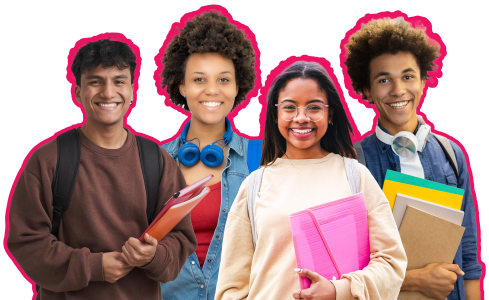 group of four school friends, holding folders or a backpack