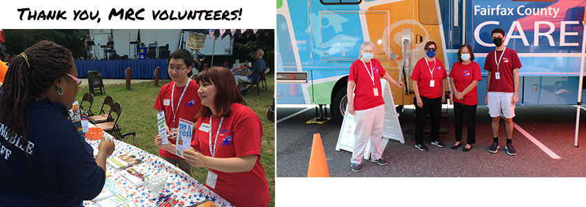 Thank you, MRC Volunteers! Two MRC volunteers handout information at a booth. Four MRC volunteers pose in front of the Care van.