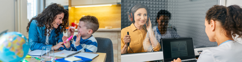 two photo collage, one shows a young boy with a speech therapist, the other shows an elderly woman in a sound booth taking a hearing test