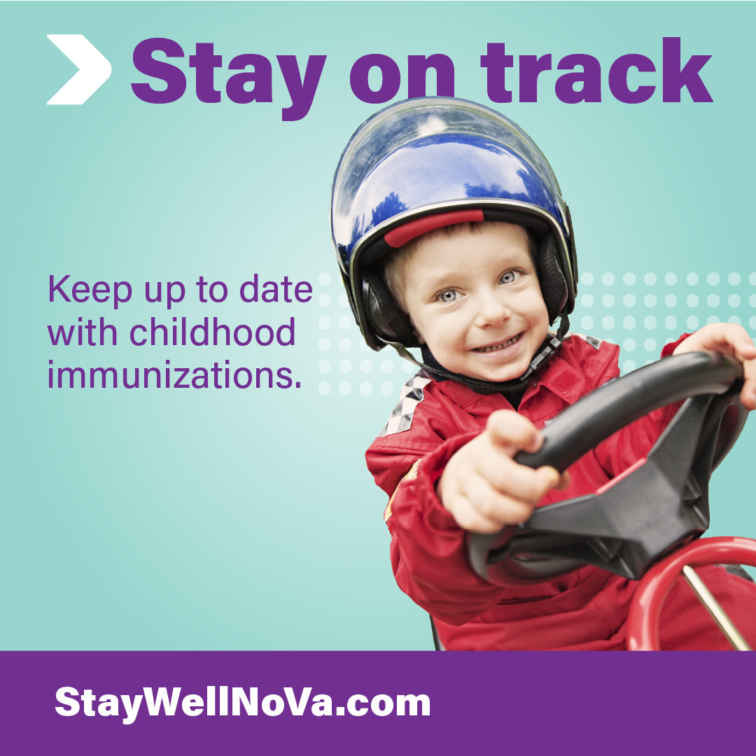 A young boy wearing a racing helmet and suit. Text: Stay on track. Keep up to date with childhood immunizations. 