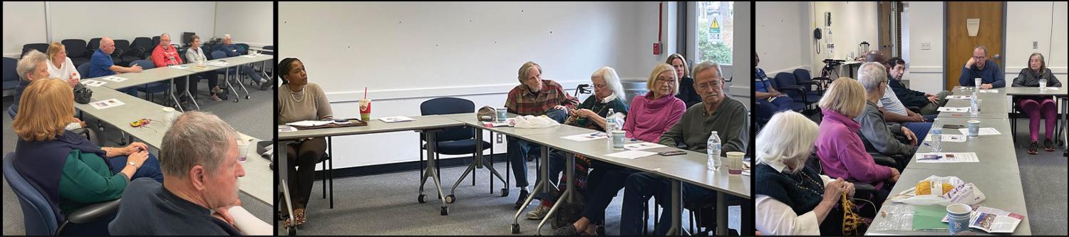 strip of three photos of stroke group members around a set of tables at a meeting