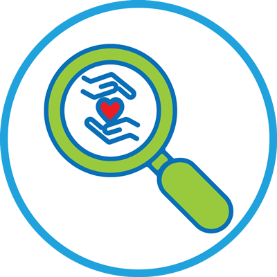Graphical icon of a magnifying glass looking at a heart.