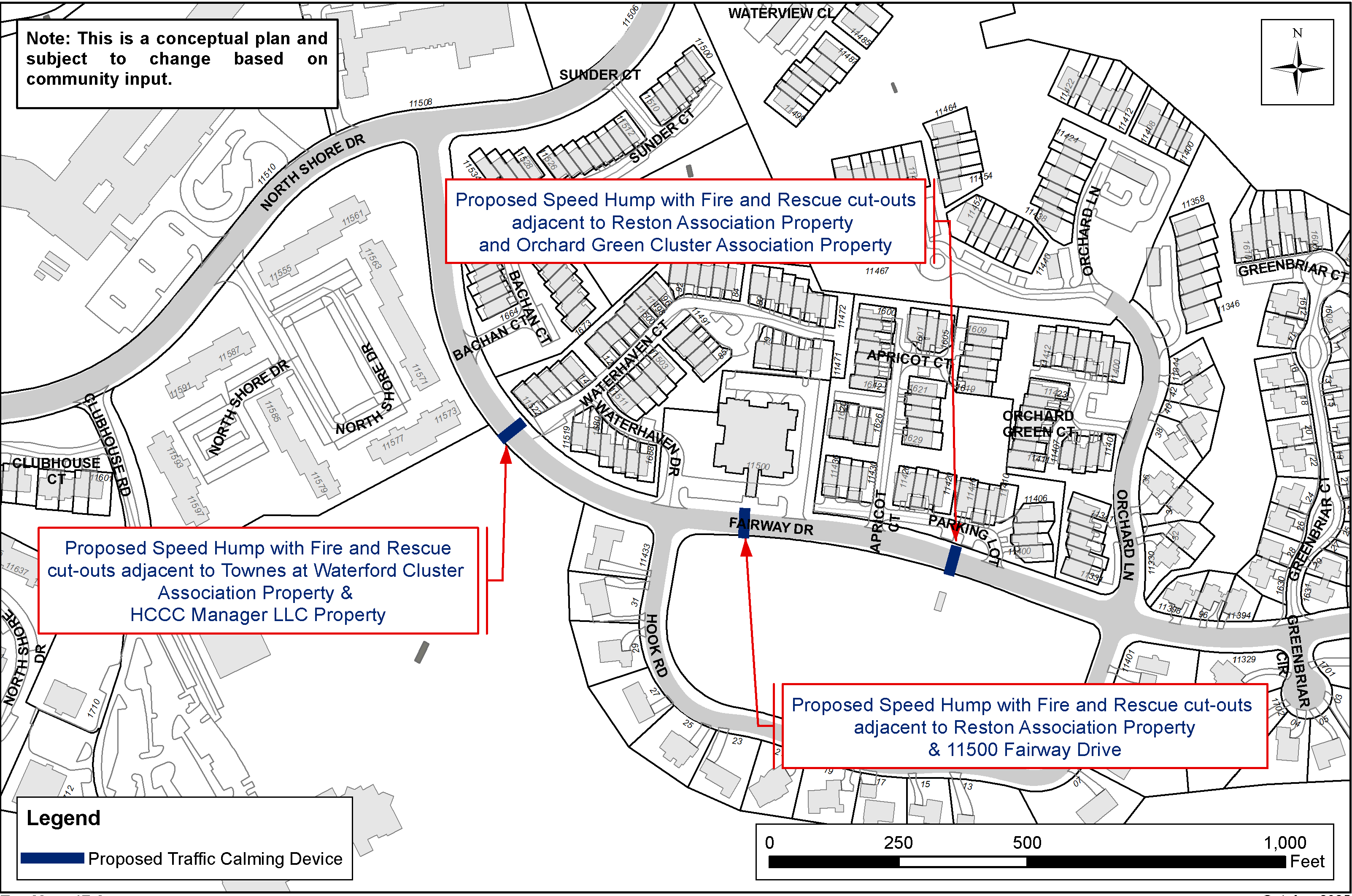 Map showing the location for three speed humps on the western portion of Fairway Drive