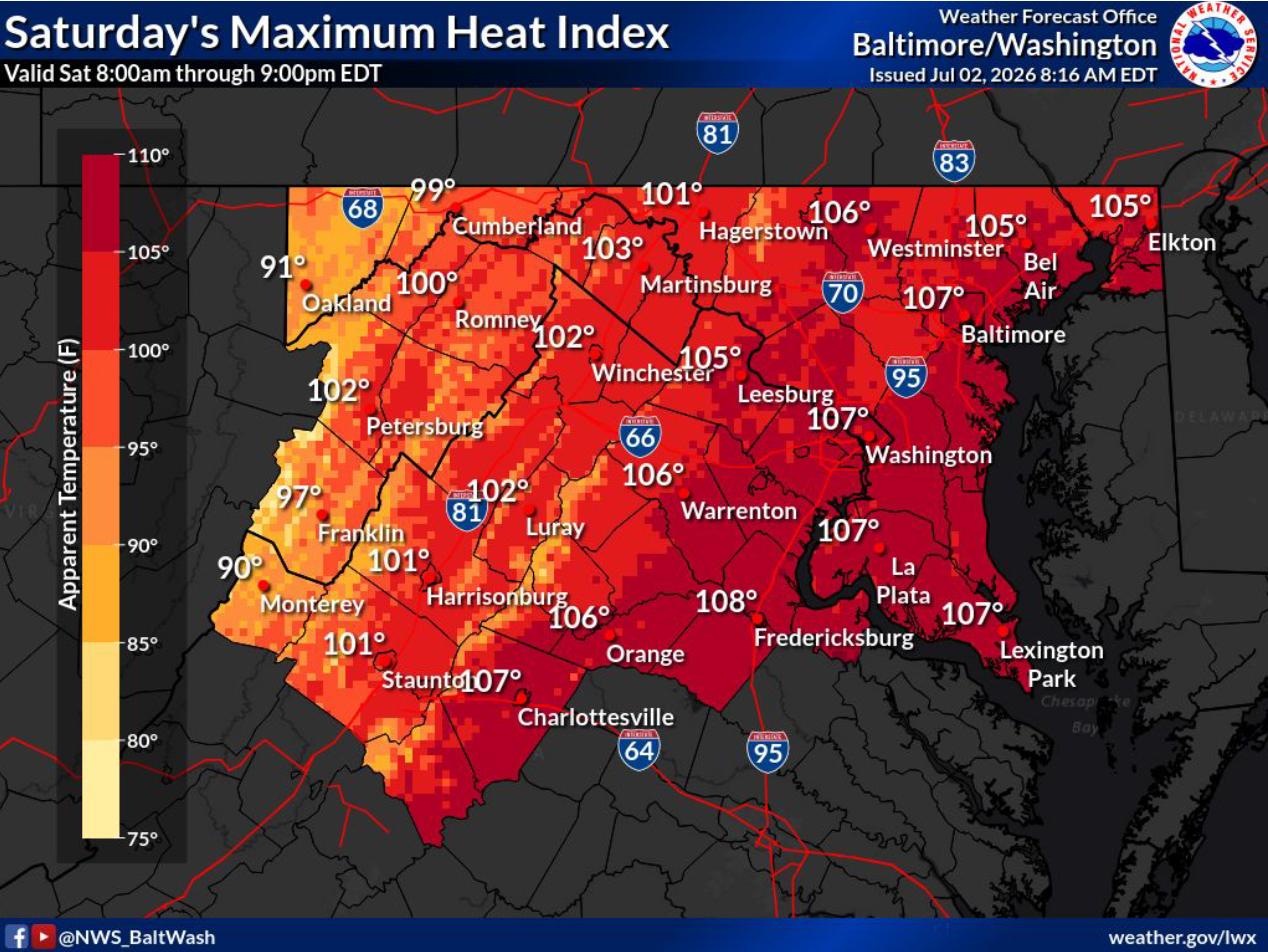 National Weather Service heat index forecast for July 4, 2026