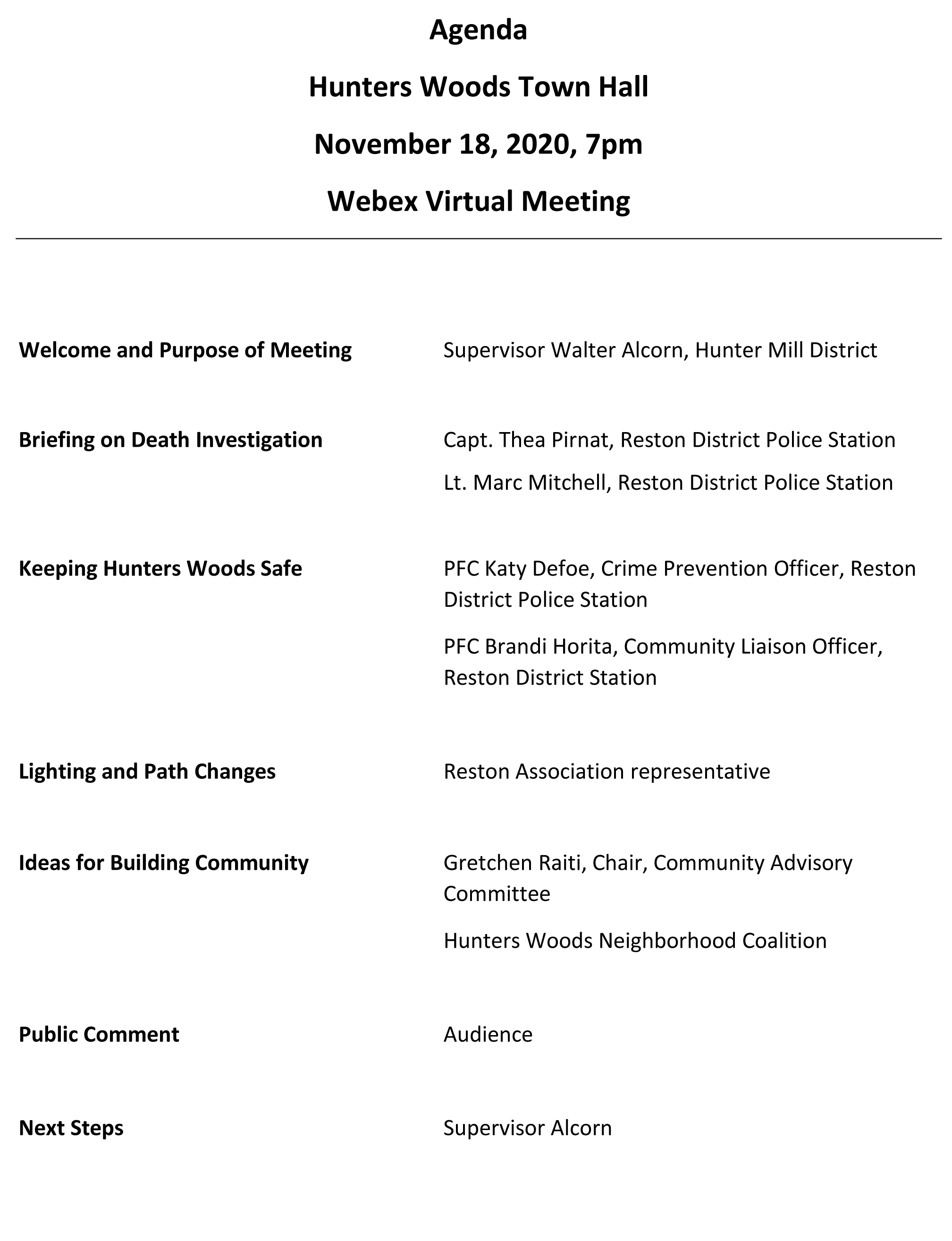 Nov. 18, 2020 Hunters Woods Town Hall Agenda 