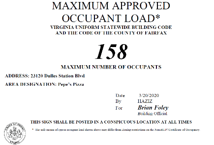 occupant load maximum fire posting certificate sign code virginia fairfaxcounty gov prevention specify statewide occupants construction number