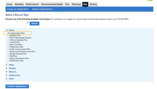 conservation plan application tab