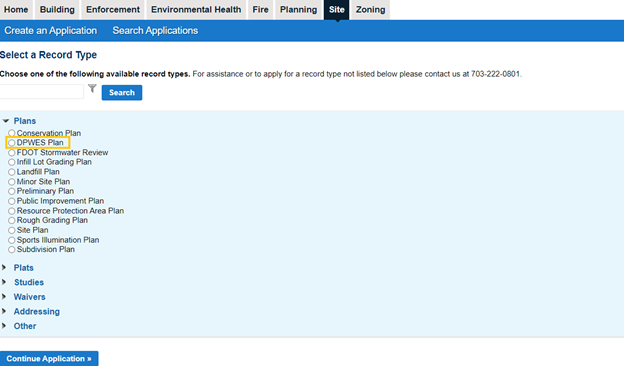 DPWES Plan Application Tab