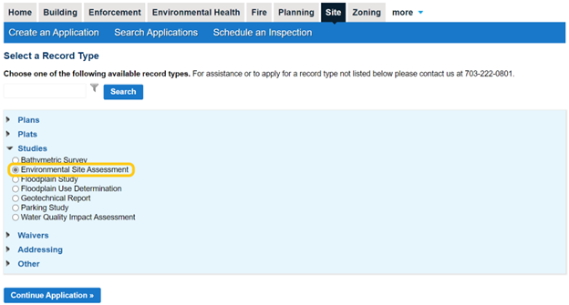 environmental site assessment application tab