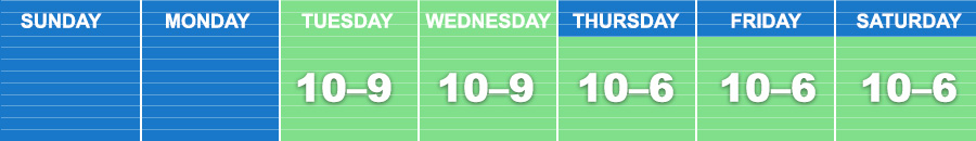 Regional branch hours are: Tuesday - Wednesday: 10 a.m. - 9 p.m.; Thursday–Saturday: 10 a.m. - 6 p.m.