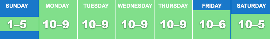 Regional branch hours are: Sunday: 1 p.m. - 5 p.m. (No service by phone); Monday - Thursday: 10 a.m. - 9 p.m.; Friday: 10 a.m. - 6 p.m.; Saturday: 10 a.m. - 5 p.m.