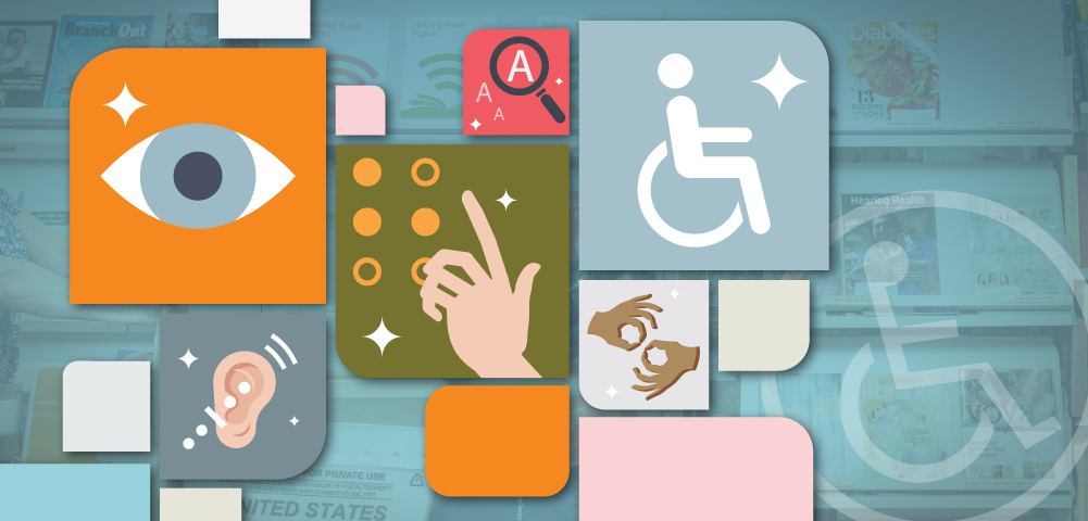 graphic symbols include person in wheelchair, eye, ear, braille being read by hand