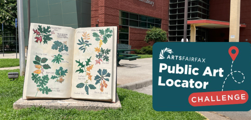 Concrete book with painting pictures of various leave types outside of a red bring and green concrete building. Accompanied by green graphic including the ArtsFairfax logo and text that reads Public Art Locator Challenge
