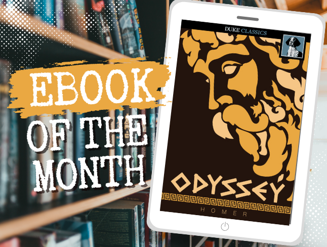 Graphic showing a tablet with the cover of Homer’s *Odyssey* and text reading “Ebook of the Month.”