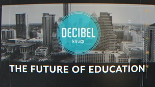 City skyline with a teal “DECIBEL klru” logo and the text “The Future of Education.”