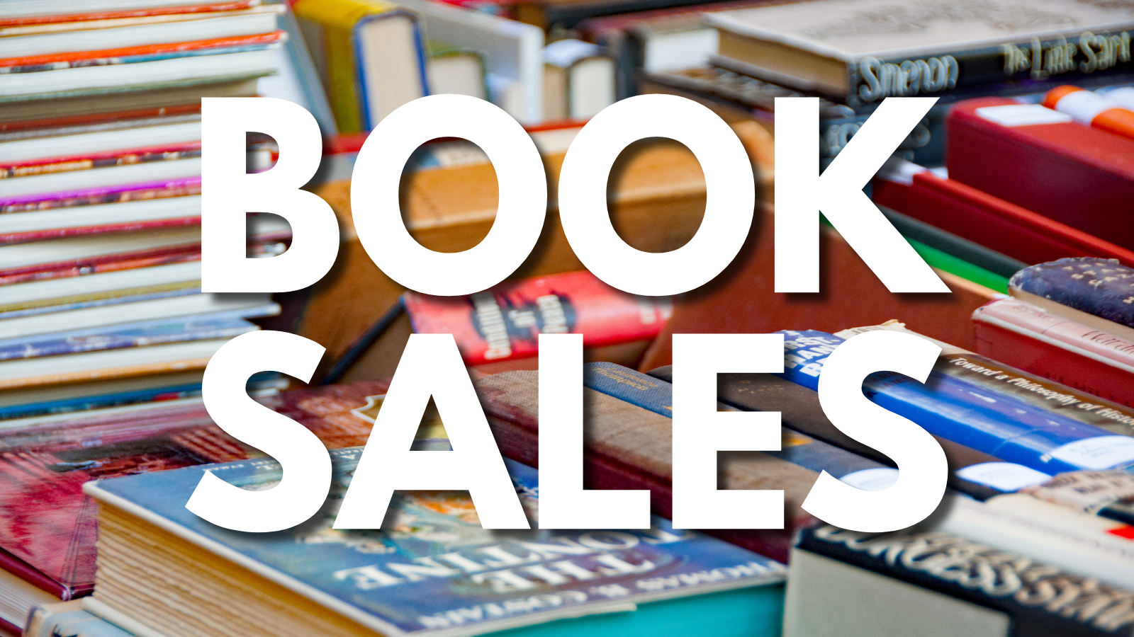 Stacks of books with large white text reading “BOOK SALES” across the image.