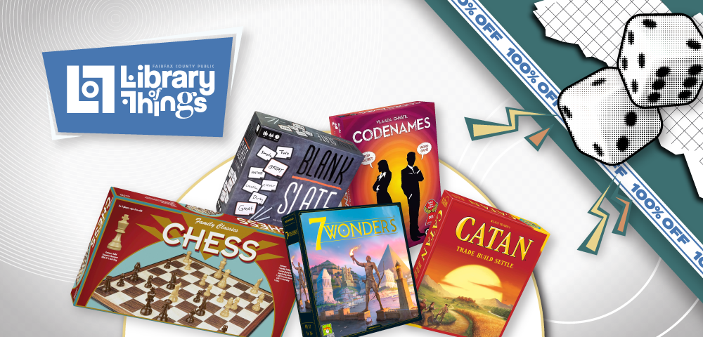 White background with board game boxes in foreground, a photo of two die and the FCPL Library of Things logo.