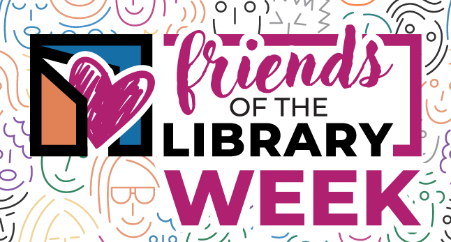 Friends of the Library Week heart coming out of FCPL logo icon
