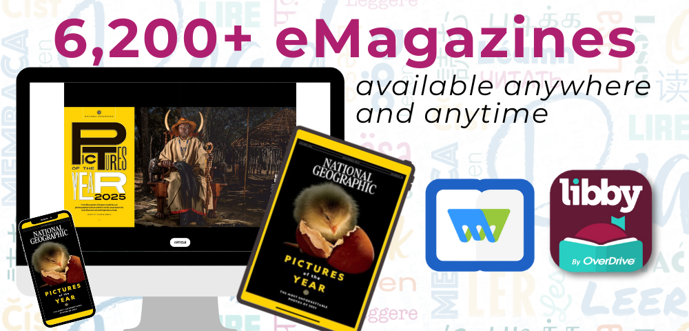 6,200+ eMagazines available anytime and anywhere. Computer, tablet and smartphone with National Geographic cover and article images Pictures of the Year 2025. Magzter Library and Libby app icons.