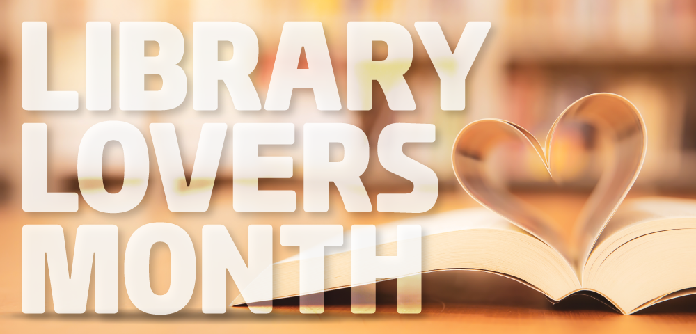 Library Lovers Month text with transparent heart over book