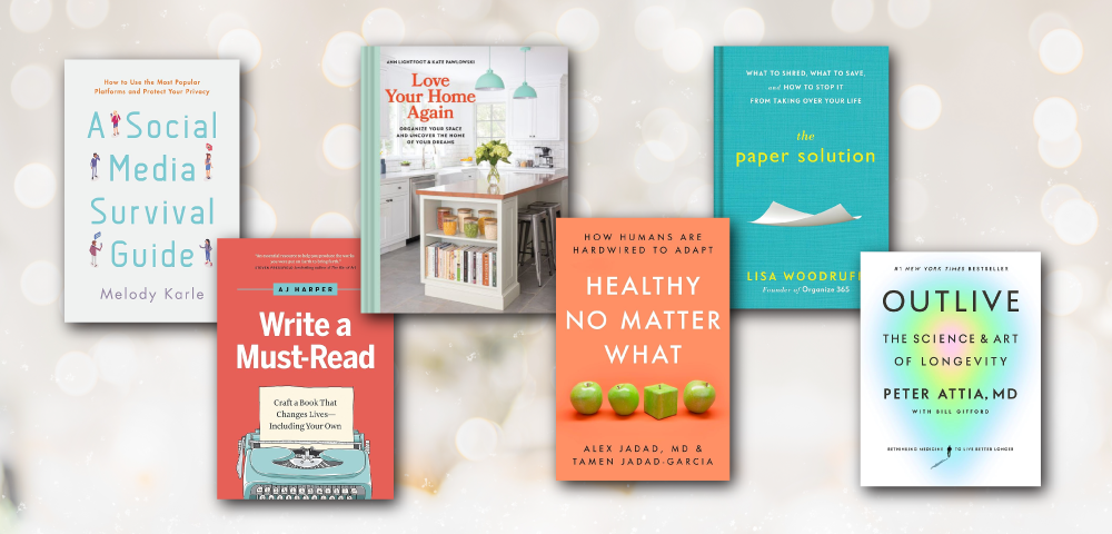 Cream bokeh background with book covers for various self-improvement and hobby-related books