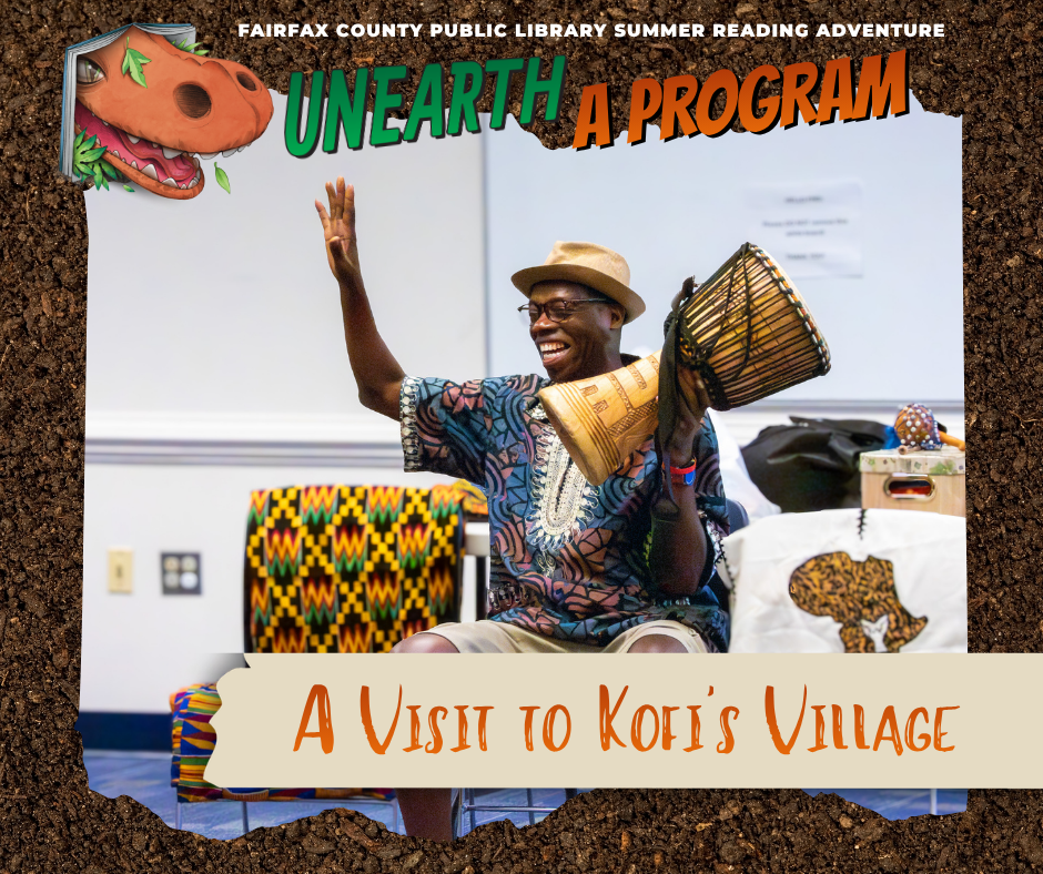 Storyteller in patterned clothing plays a hand drum for children during the library program “A Visit to Kofi’s Village.”