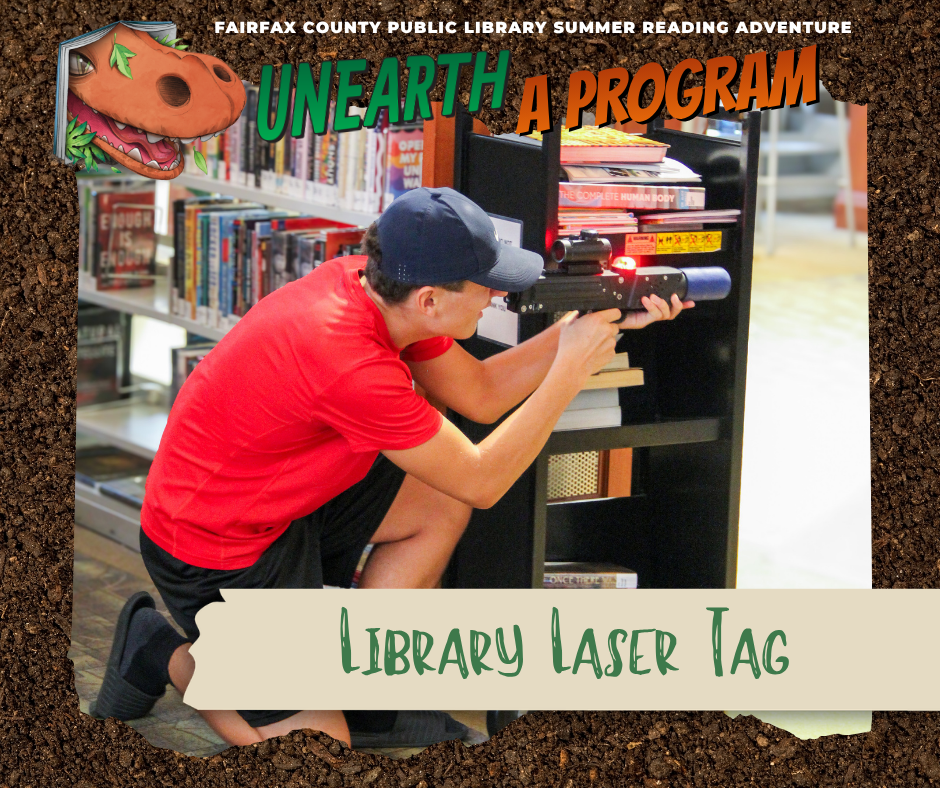 Teen crouching behind a library bookcase aims a laser tag blaster, promoting a “Library Laser Tag” summer reading program.