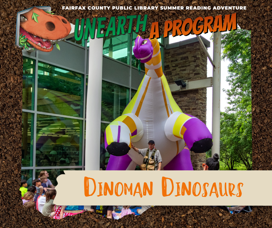 Performer stands beneath a giant inflatable cartoon dinosaur while children watch outside the library.